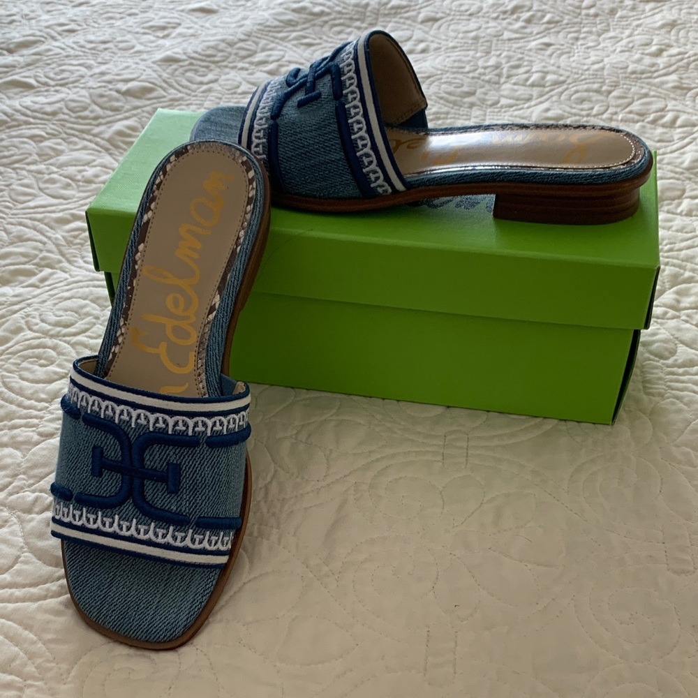 Sam Edelman Blue embroidered slide sandals size 8.5